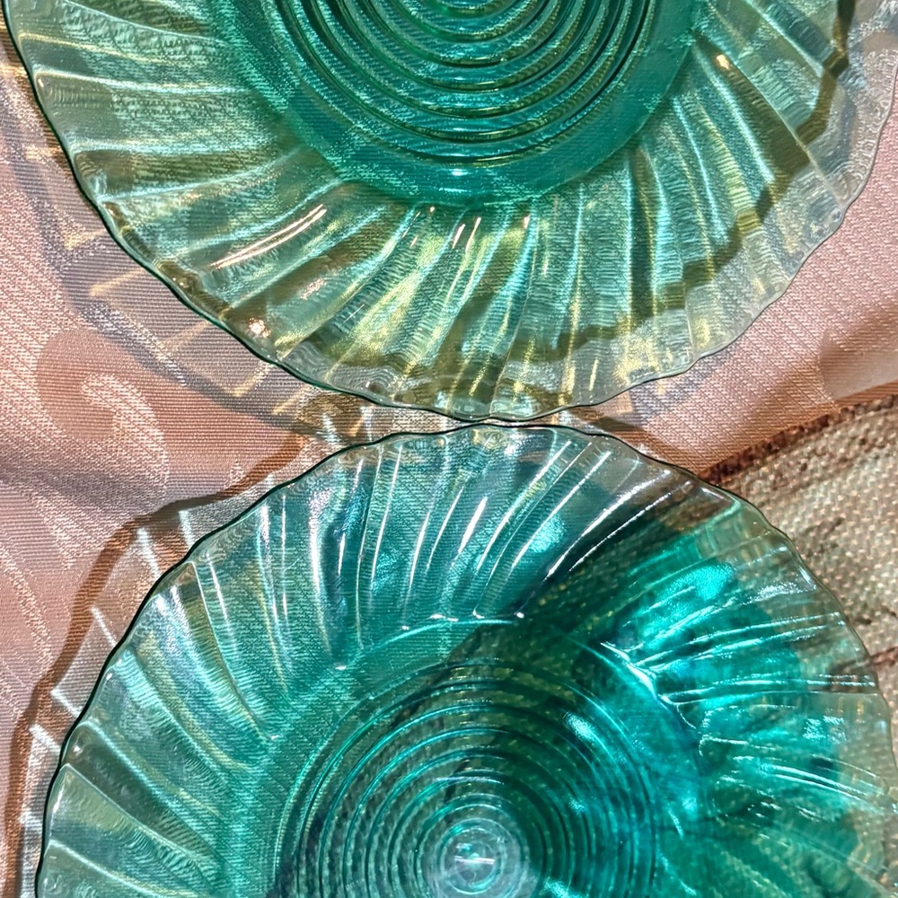 2 Vintage Turquoise Jeannette swirl Glass bread/ salad  Plates